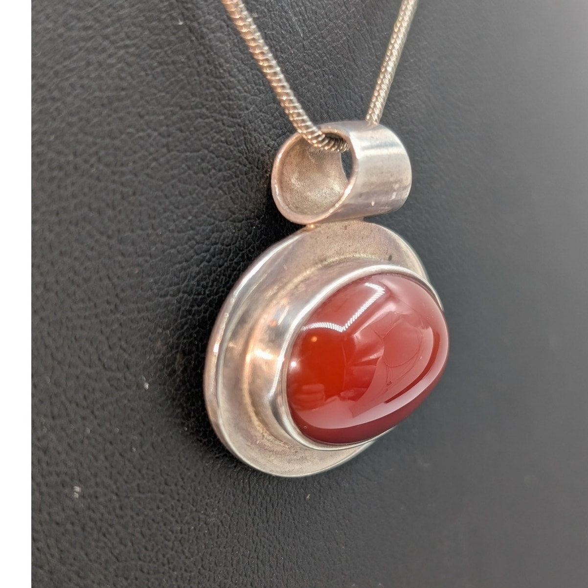 Vtg 925 Sterling Silver Mexico Bezel Set Carnelian Stone 16.5" Chain Necklace