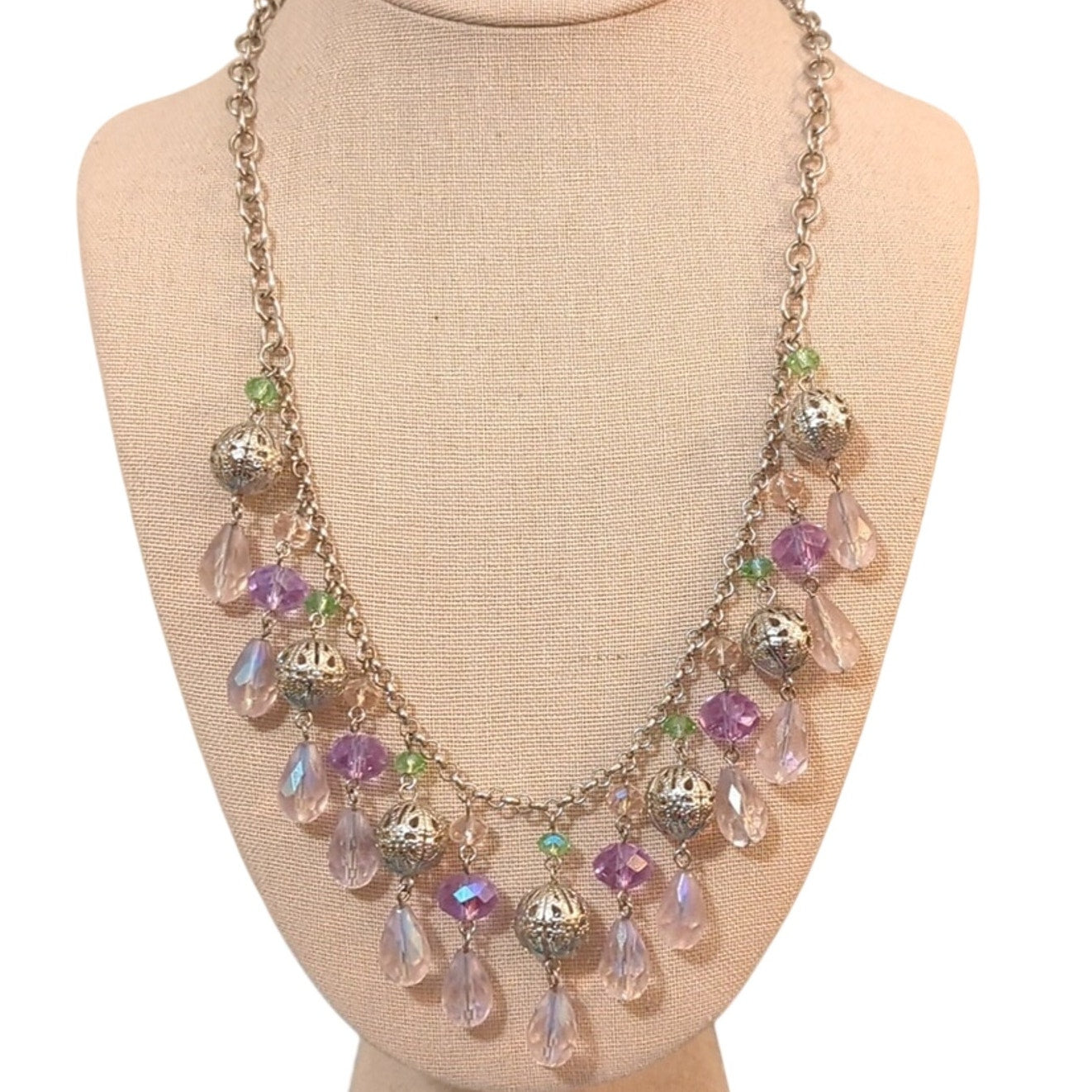 Lavender/Green Glass Crystal Bauble Silver Tone Filigree Ball Necklace