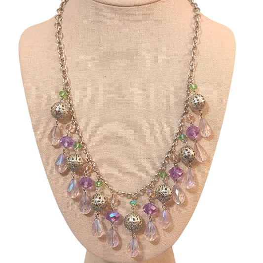 Lavender/Green Glass Crystal Bauble Silver Tone Filigree Ball Necklace