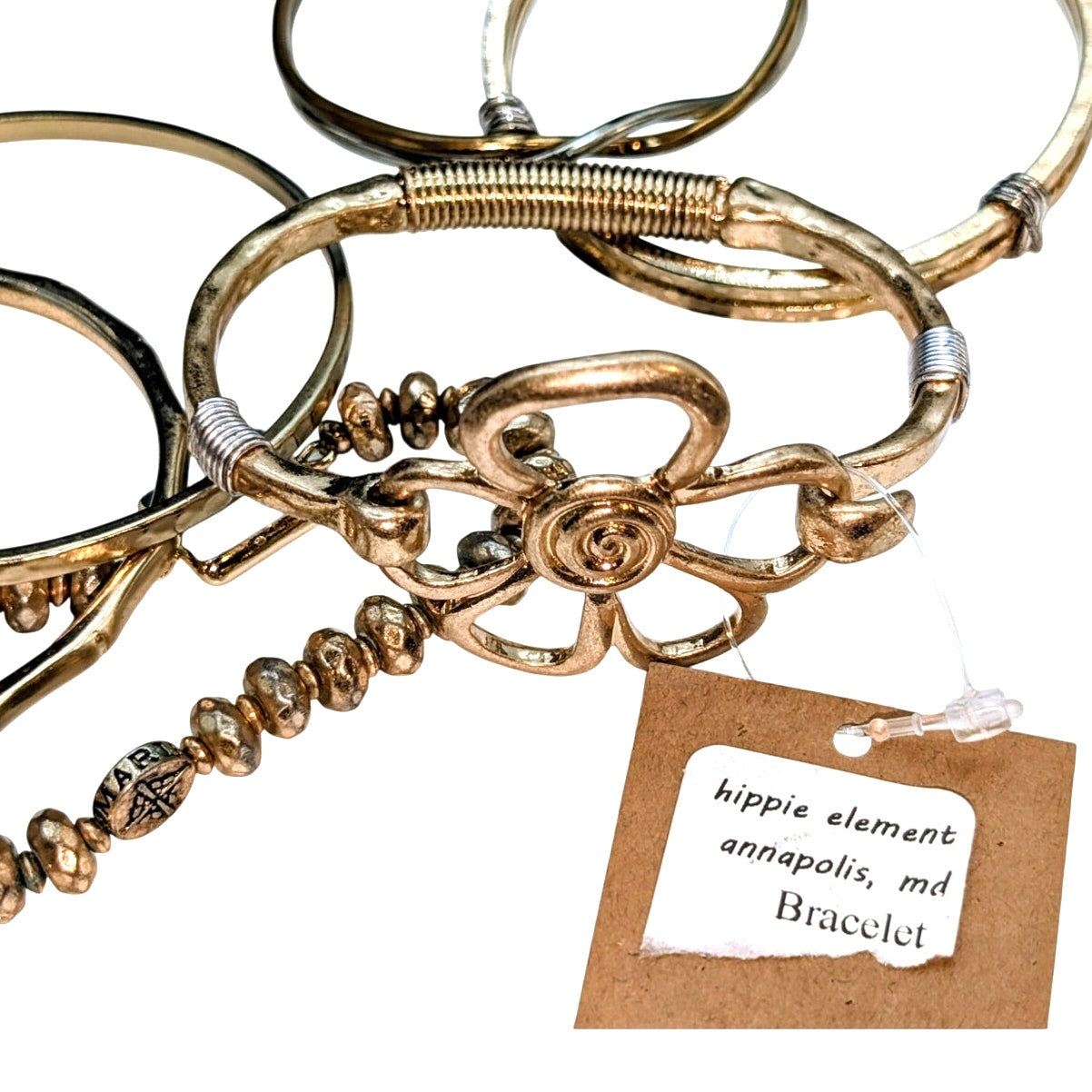 Lot of Six Boho Hippie Gold & Silver Tone Bangle Cuff & Beaded Bracelets