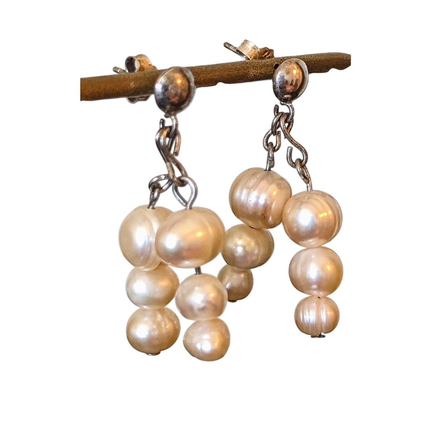 Double Dangle of Three Freshwater Potato Pearls on Sterling Silver Post Earrings