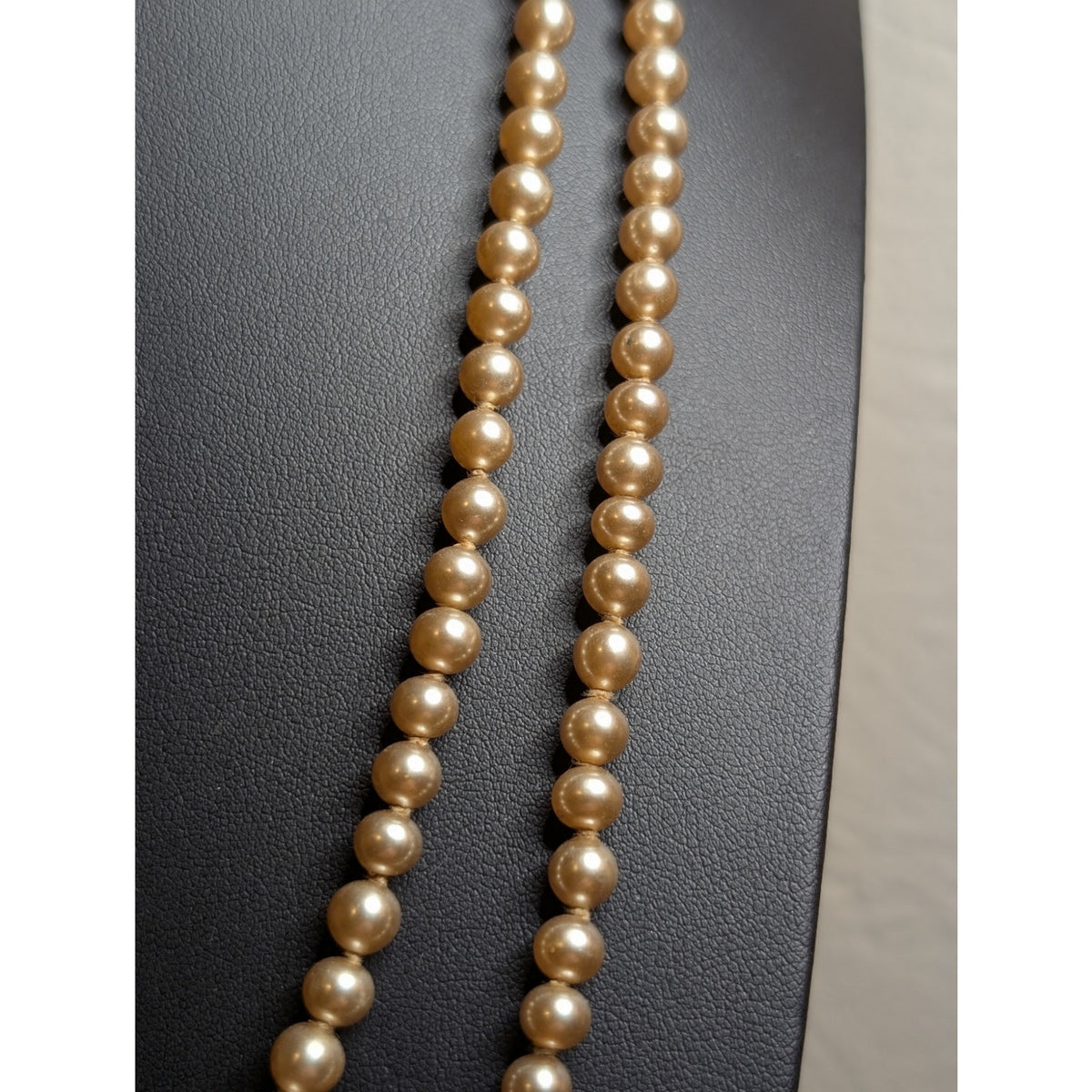 Vintage 58" Long 5-6mm Faux Champagne Pearl Rhinestone Slide In Clasp Necklace