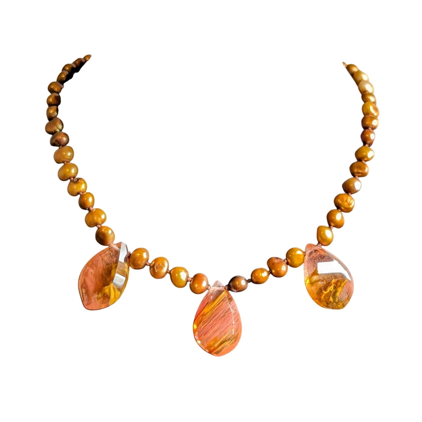 17" Gold Tone Genuine Copper Pearl Glass Teardrop Station Toggle Necklace
