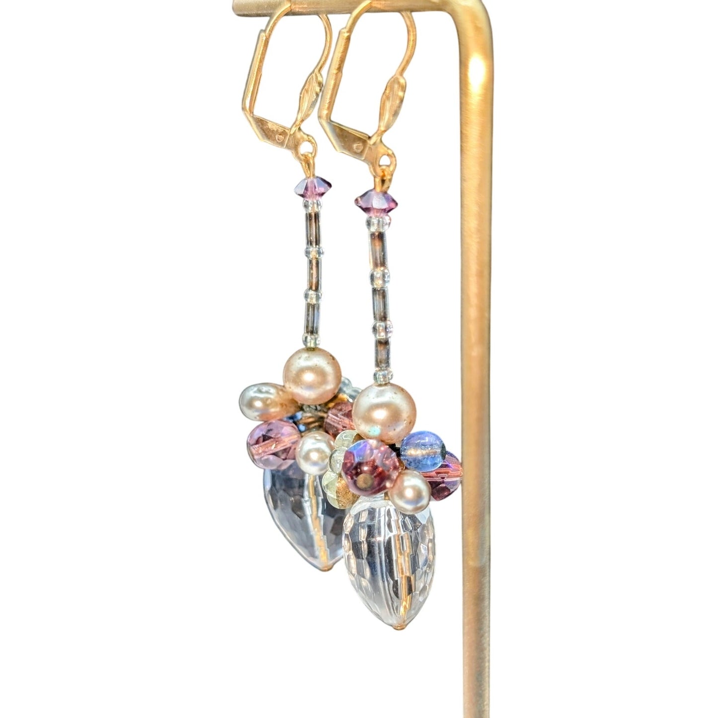 Crystal Faceted Heart Pearl Crystal Flower Beaded Gold Tone Lever Back Earrings