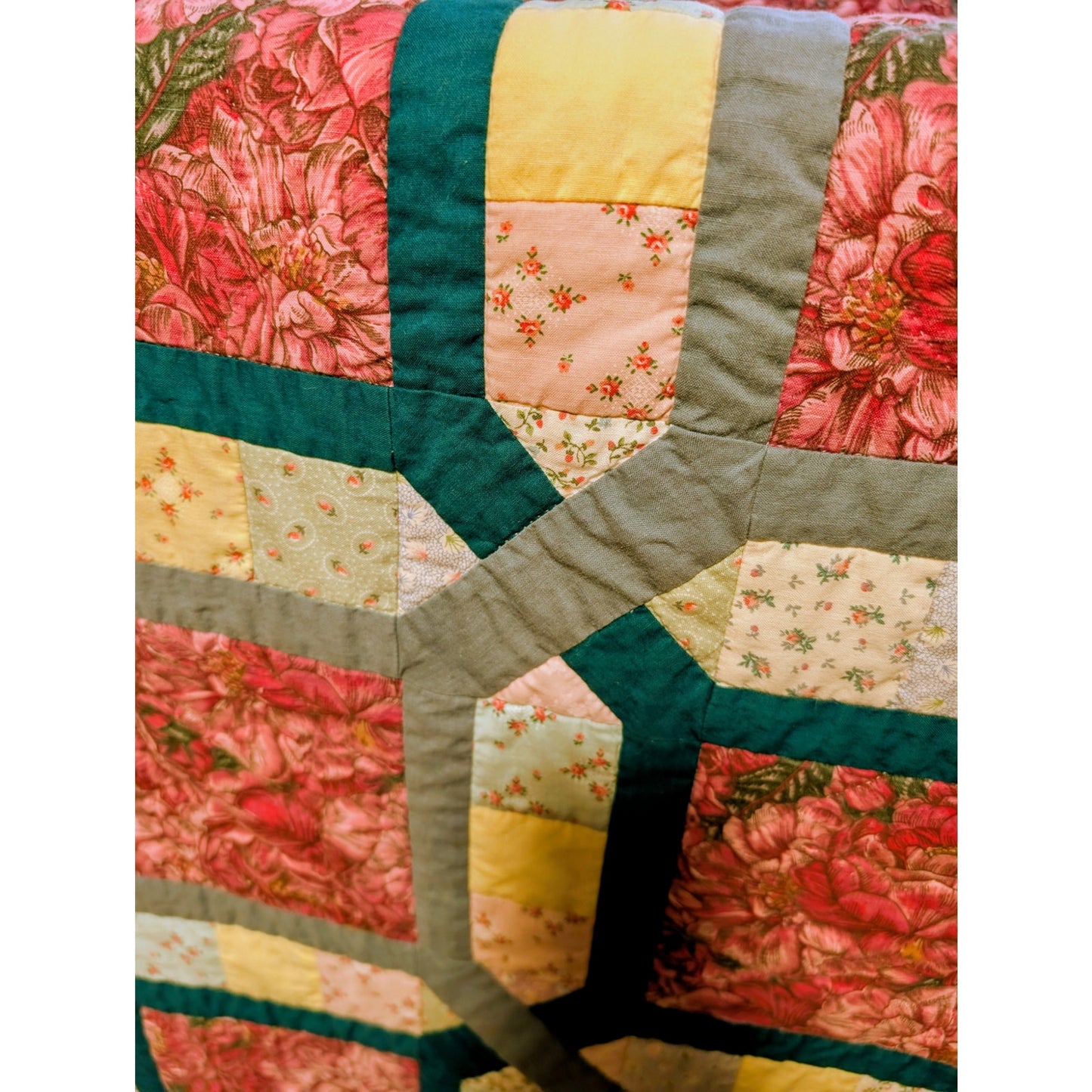 Vintage 84" X 102" Teal Blue & Mauve Cotton Hand Stitched Quilt