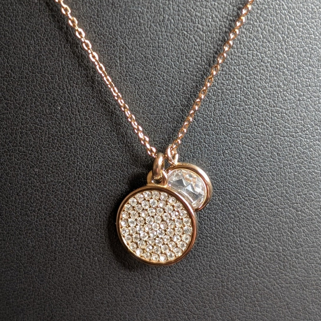 Michael Kors Rose Gold Tone Pave Disc Crystal Pendant 16"-18" Necklace