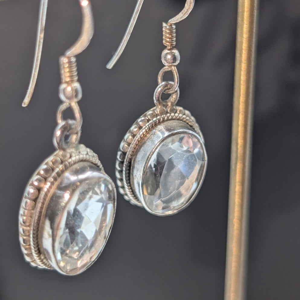 Vintage Beaded 925 Sterling Silver Bezel Set Rock Crystal Quartz Dangle Earrings