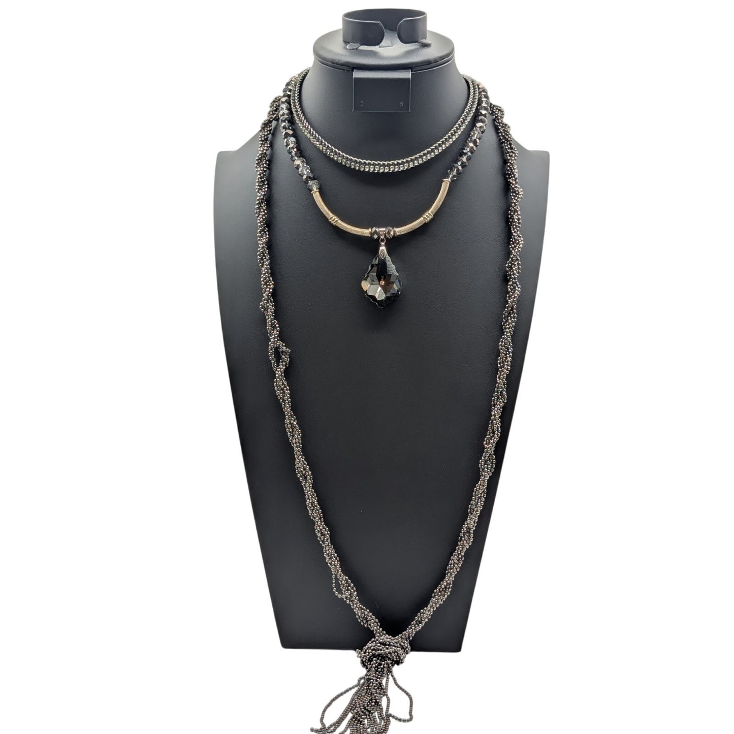 Lot of Three Crystal Bead & Pendant Rhinestone Twisted Metallic Bead Necklaces