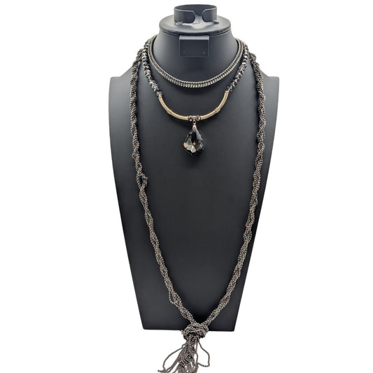 Lot of Three Crystal Bead & Pendant Rhinestone Twisted Metallic Bead Necklaces