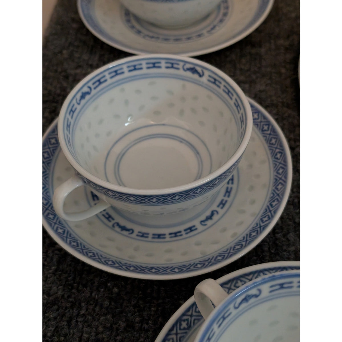 Vintage 1970s  Rice Grain Fifteen Piece Porcelain Blue White Dragon Tea Set