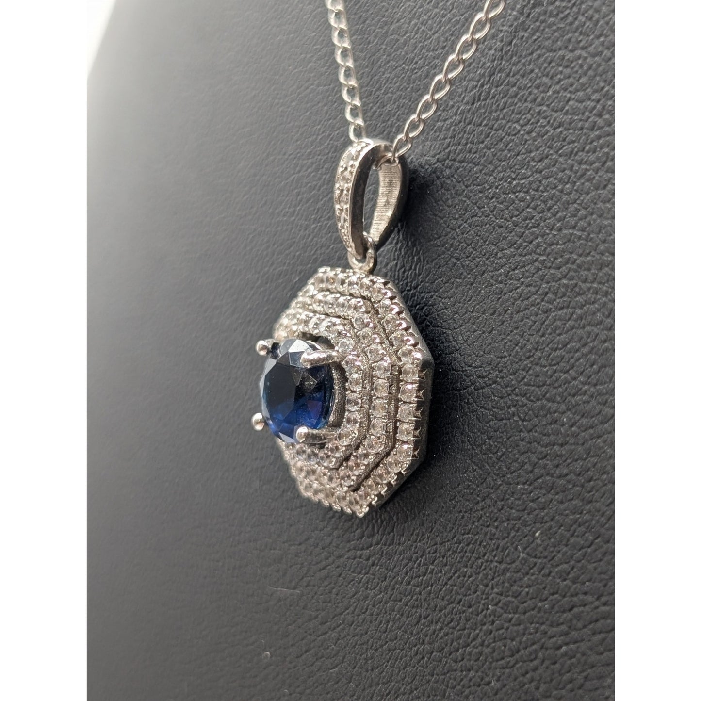 925 Sterling Silver Sapphire & Clear CZ Pendant 16.75" Necklace
