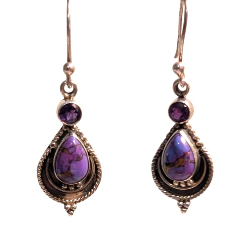 Vtg Purple Stone Purple Amethyst Gemstone 925 Sterling Silver Dangle Earrings