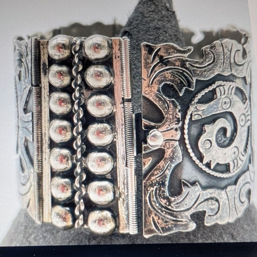 Vtg 30s-40s Los Ballesteros Taxco Sterling Silver Mexican Hinged Panel Bracelet