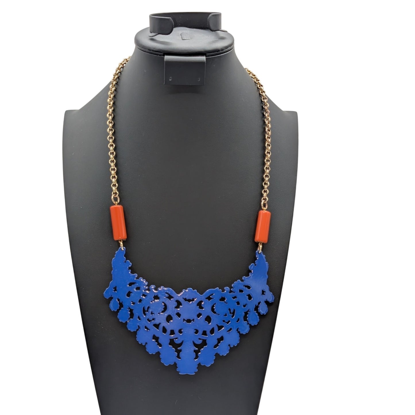 Zenzii Blue Orange Gold Tone Laser Cut Heavy Acrylic Lace Bib Statement Necklace