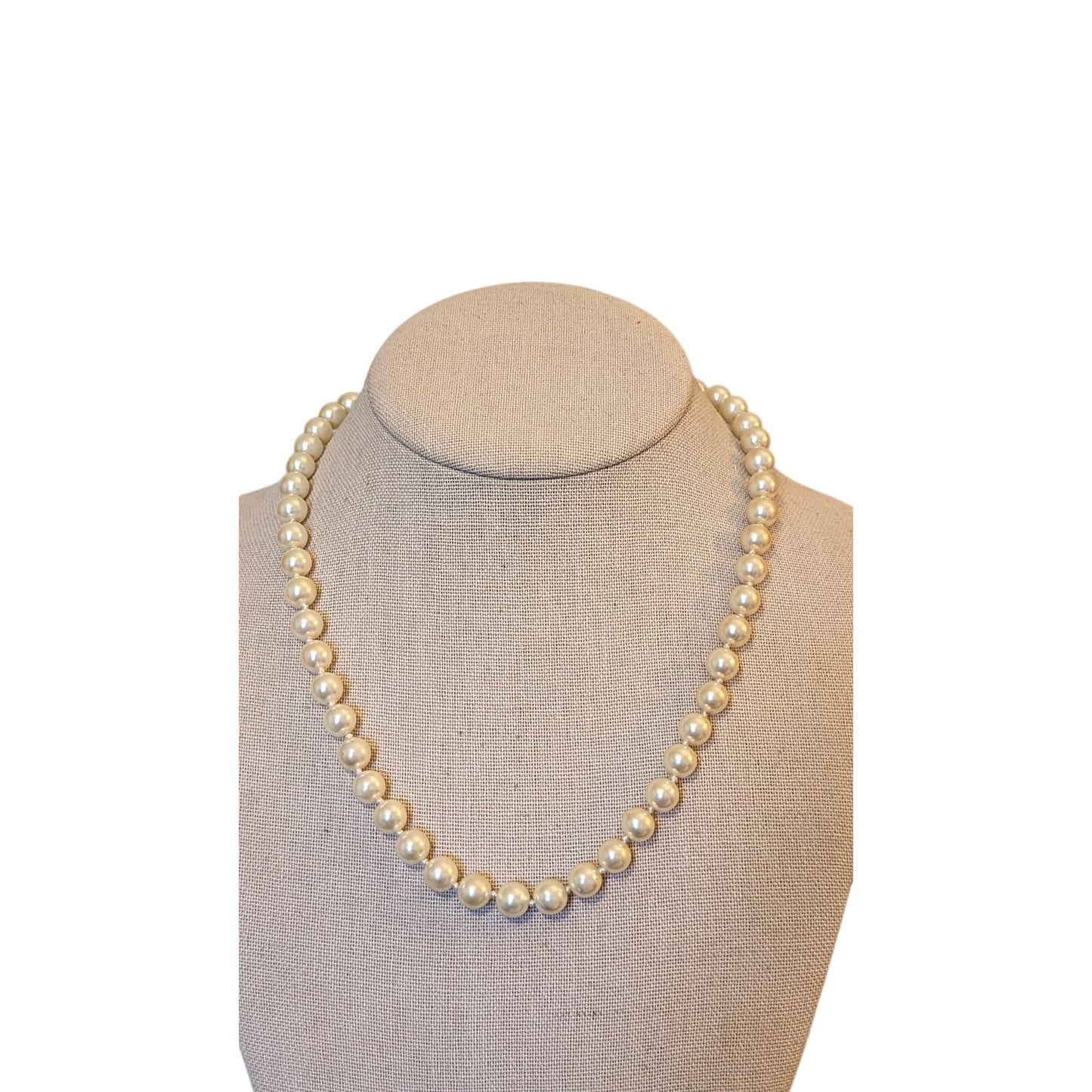 Vintage 8mm Glass Handknotted 18" Pearls With Silver Tone Fish Hook Clasp