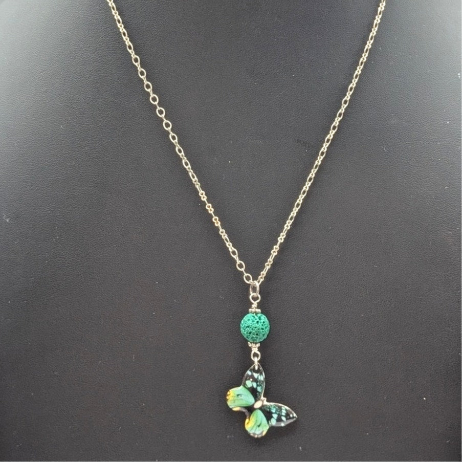Silver Tone Teal Aromatherapy Butterfly Lava Stone 20" Necklace