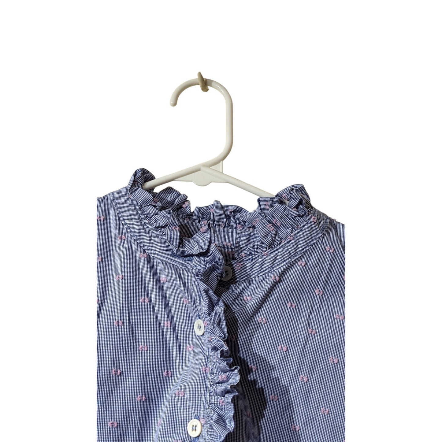 Court & Rowe Blue W/ Pink Dot Embroidered Ruffle Button Up Blouse Womens Sz S