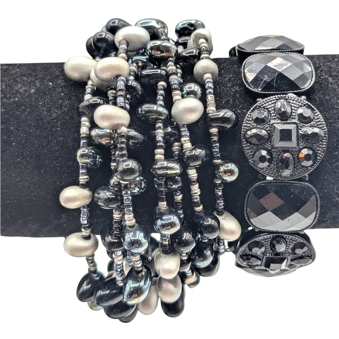 Lot of Two Black Gray Faux Pearl Crystal Wire Wrap & Stretch Bracelets