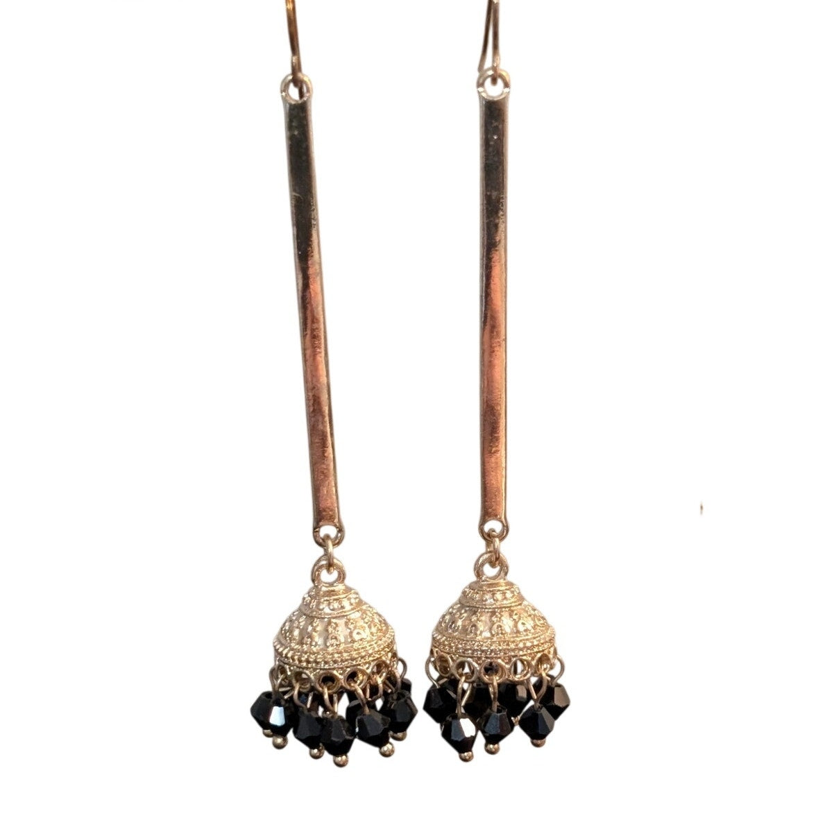Indian Inspired Black Crystal Long Bar Dangle Earrings