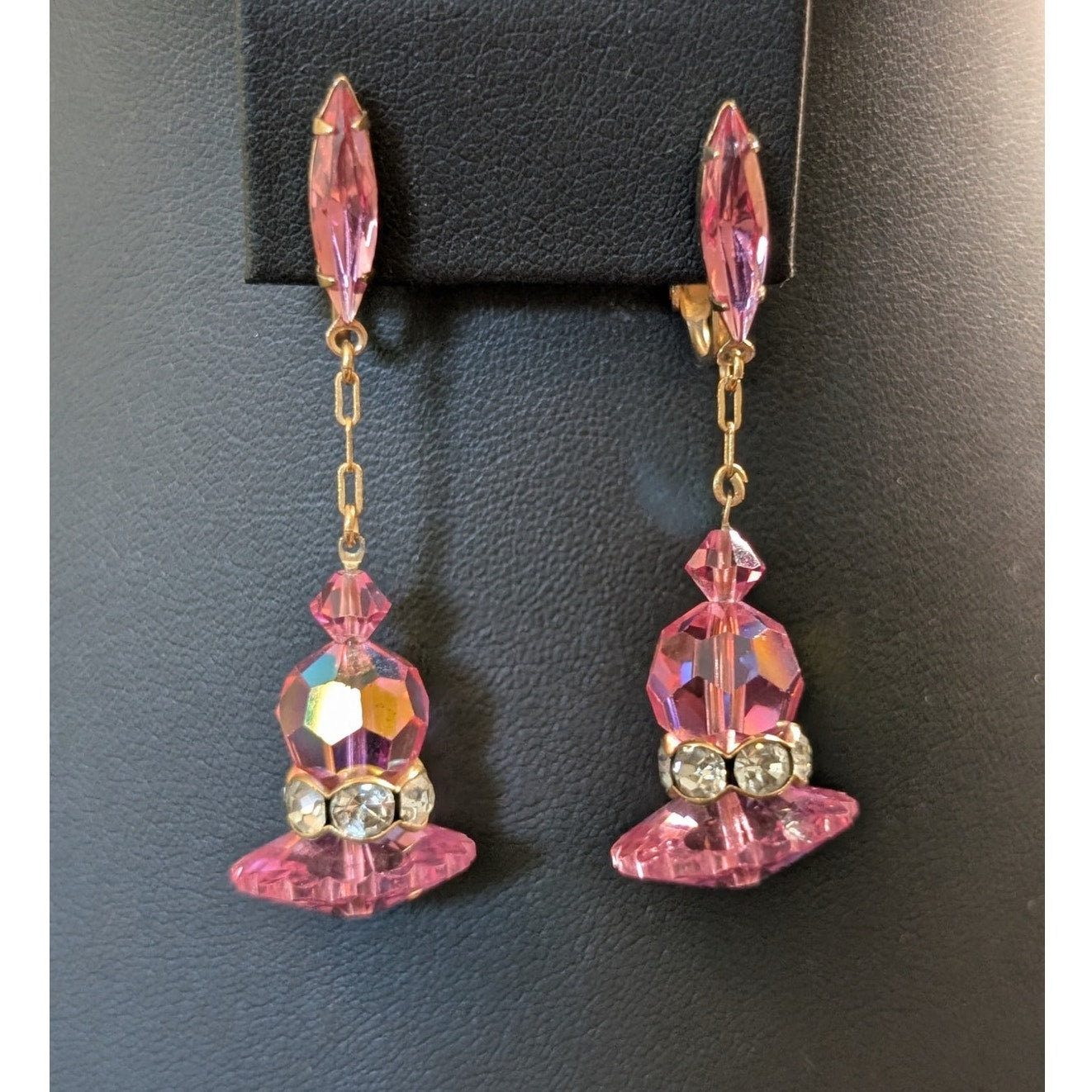 Vintage Pink AB Faceted Crystal Rhinestone Gold Tone Dangle Ear Clips