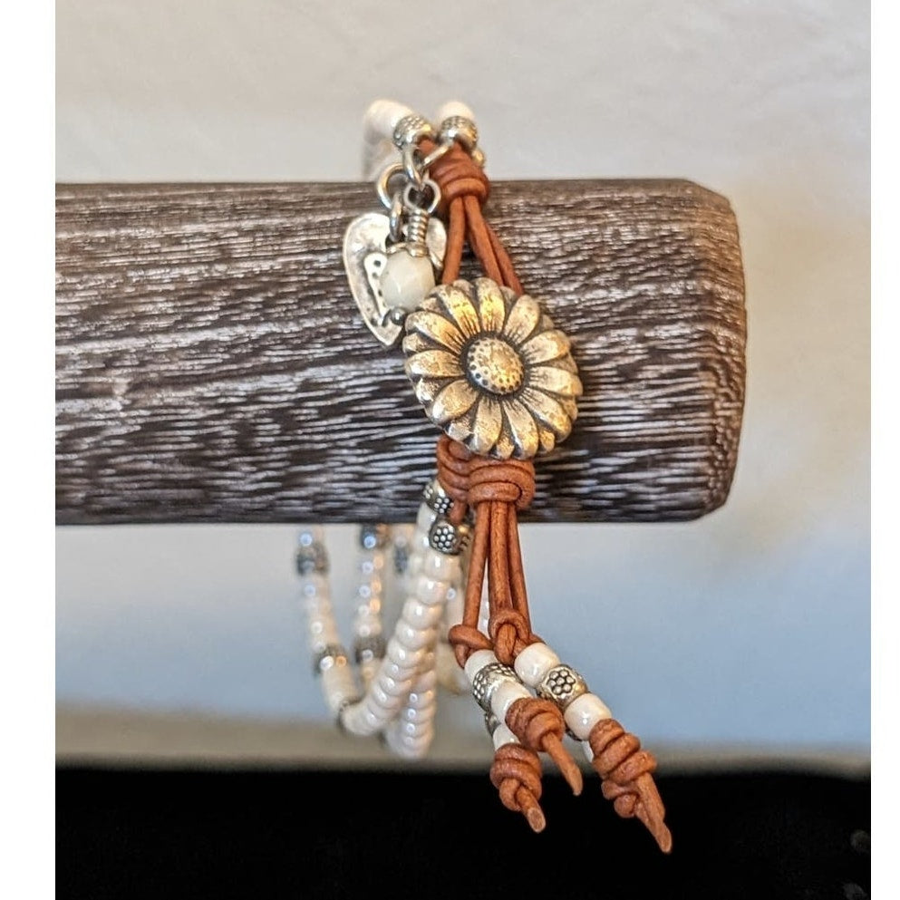 Beaded Leather Sunflower Wrap Dangle Charm Boho Bracelet