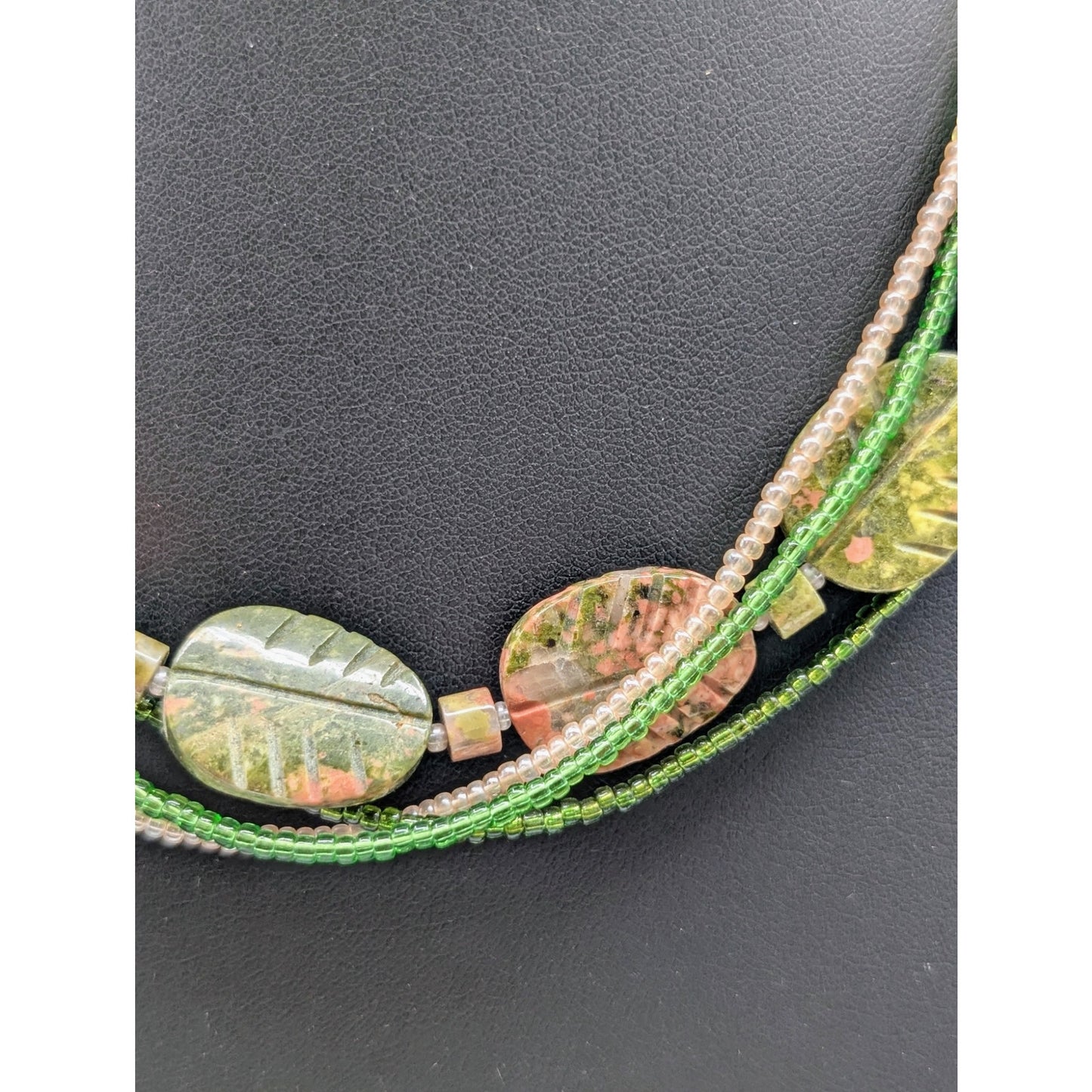 925 Sterling Silver Carved Unakite Stone Multi-Strand Seed Bead Necklace