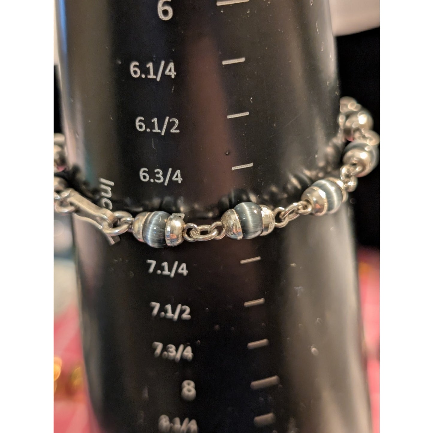 Vintage Gray Cat's Eye Glass Bead 925 Sterling Silver Hook Clasp Bracelet