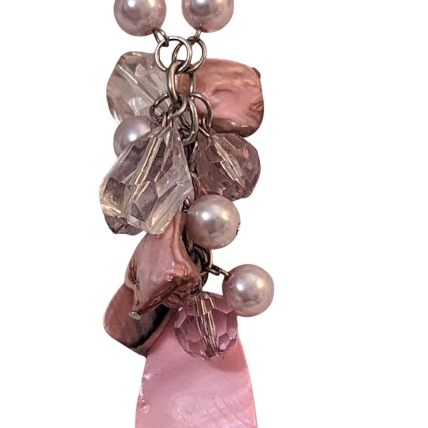 Pink Shell Faux Pearl Pink & Clear Faceted Beaded Cluster Pendant Chain Necklace