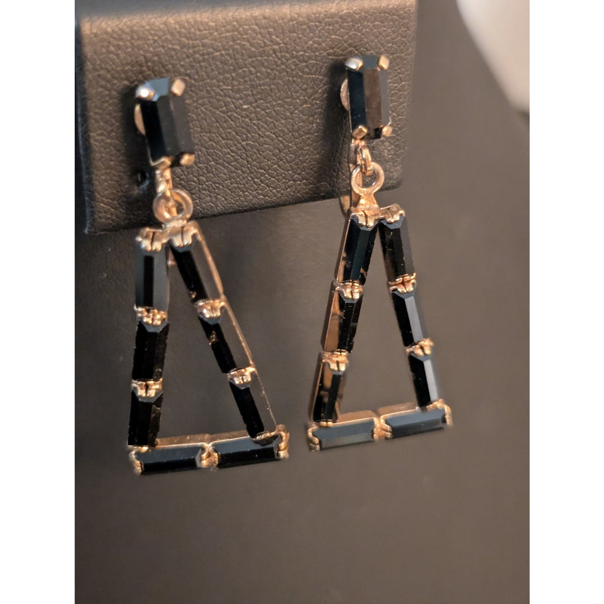 Vintage Gold Tone Black Rectangle Crystal Triangle Dangle Screw Back Earrings