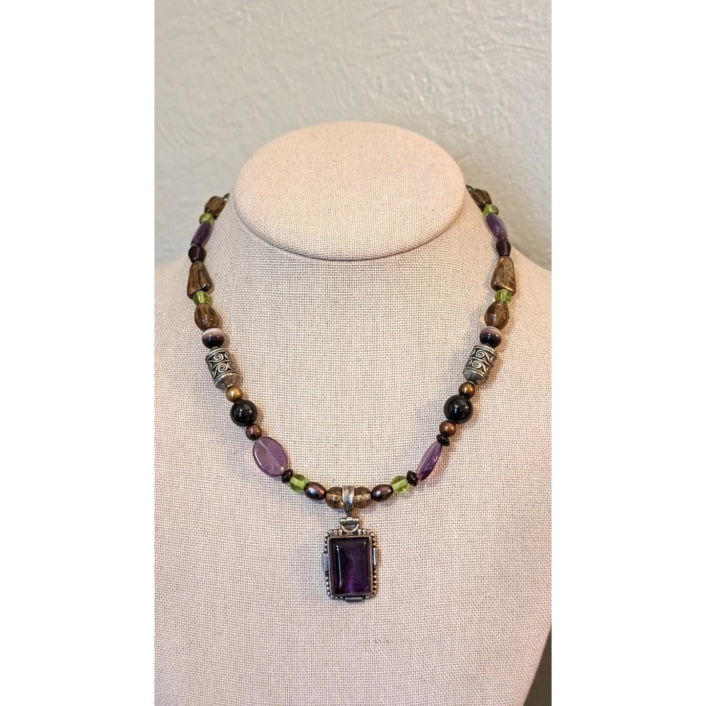 Amethyst Pearl Art Glass Cat's Eye 925 Bali Bead Necklace W/ Amethyst Pendant