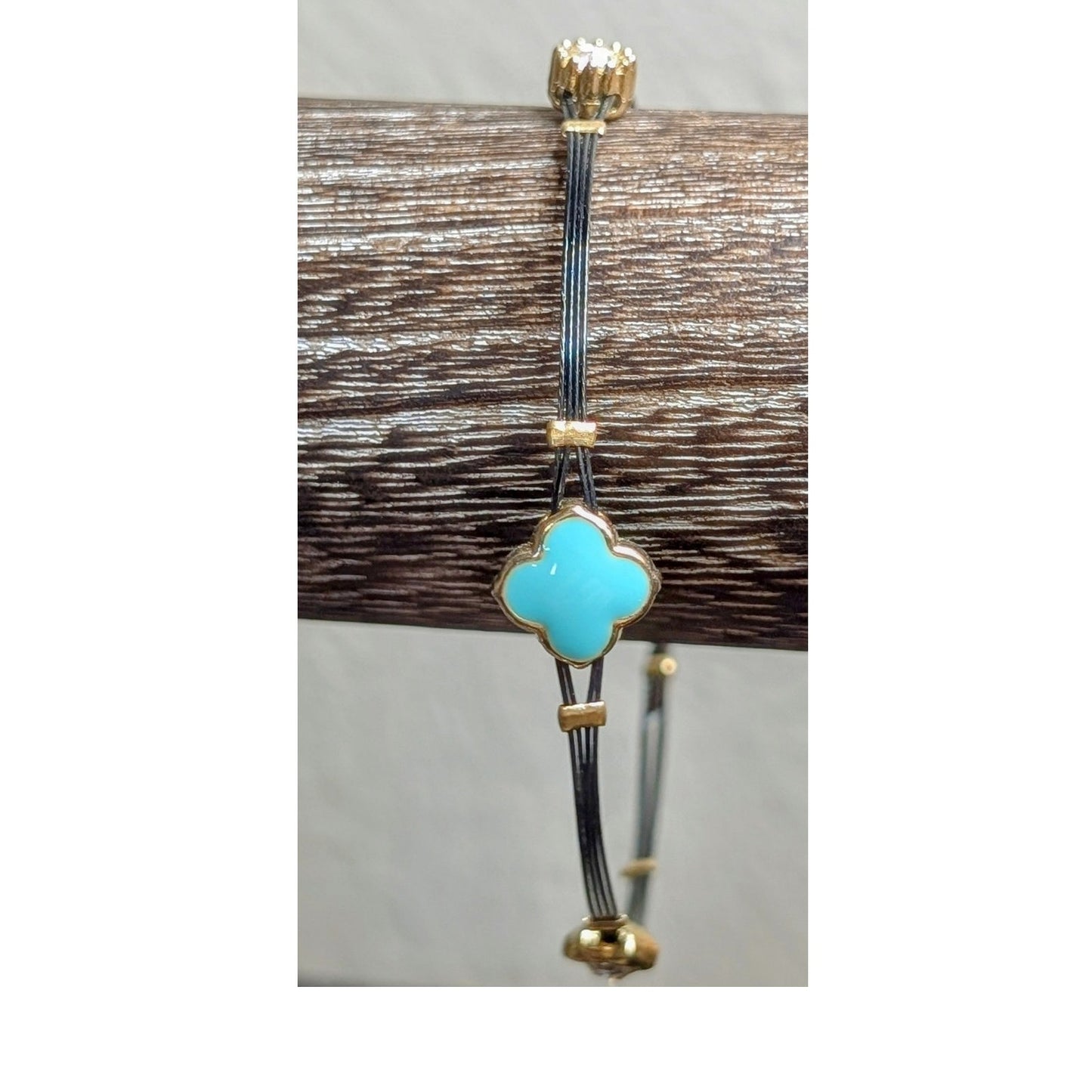 Two Wire Turquoise Enamel Trefoil Rhinestone Flexible Bangle Bracelets
