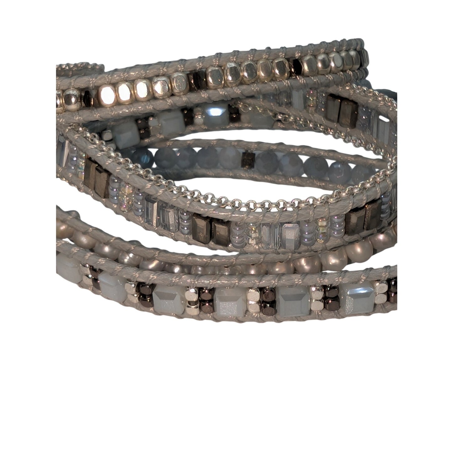 Shades of Gray Pale Blue Crystal Genuine Pearl Bead Wrap Bracelet