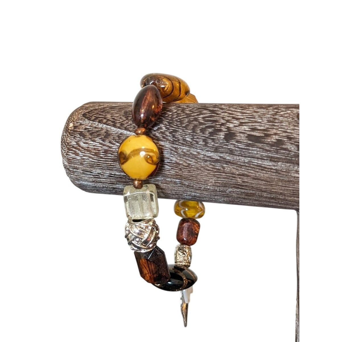 Murano Glass Ceramic Silver Bead Stretch Bracelet W/ MOP Elephant & Leaf Charms