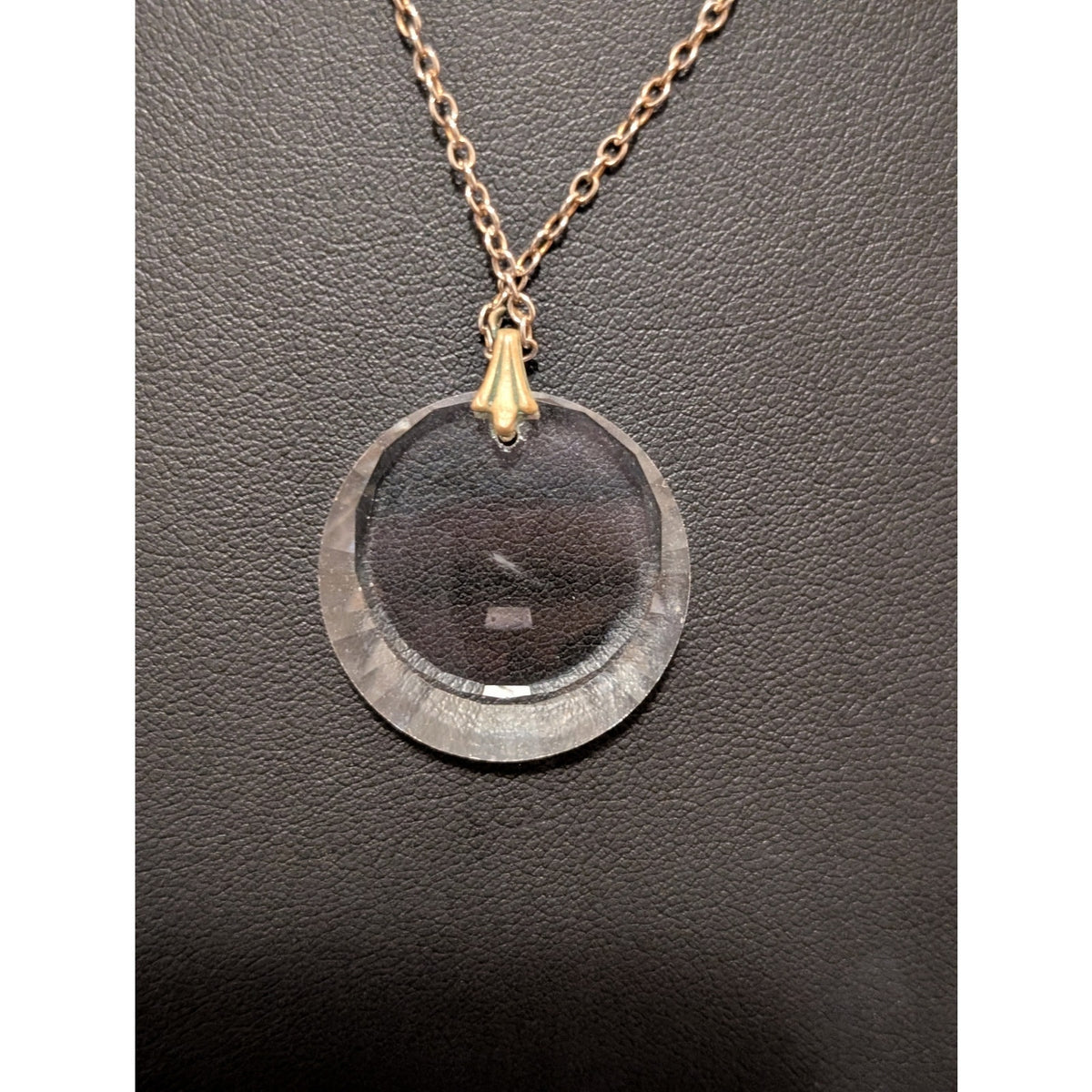 Vintage 18KGP Silver Beveled Edge Round Glass Pendant Chain 18" Necklace
