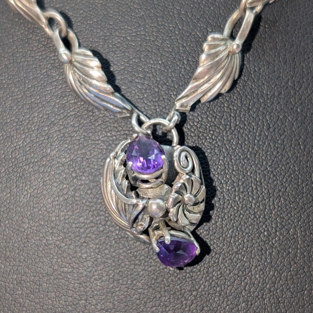 Vintage 925 Sterling Silver Purple Gemstone Leaf Flower Design 20" Necklace