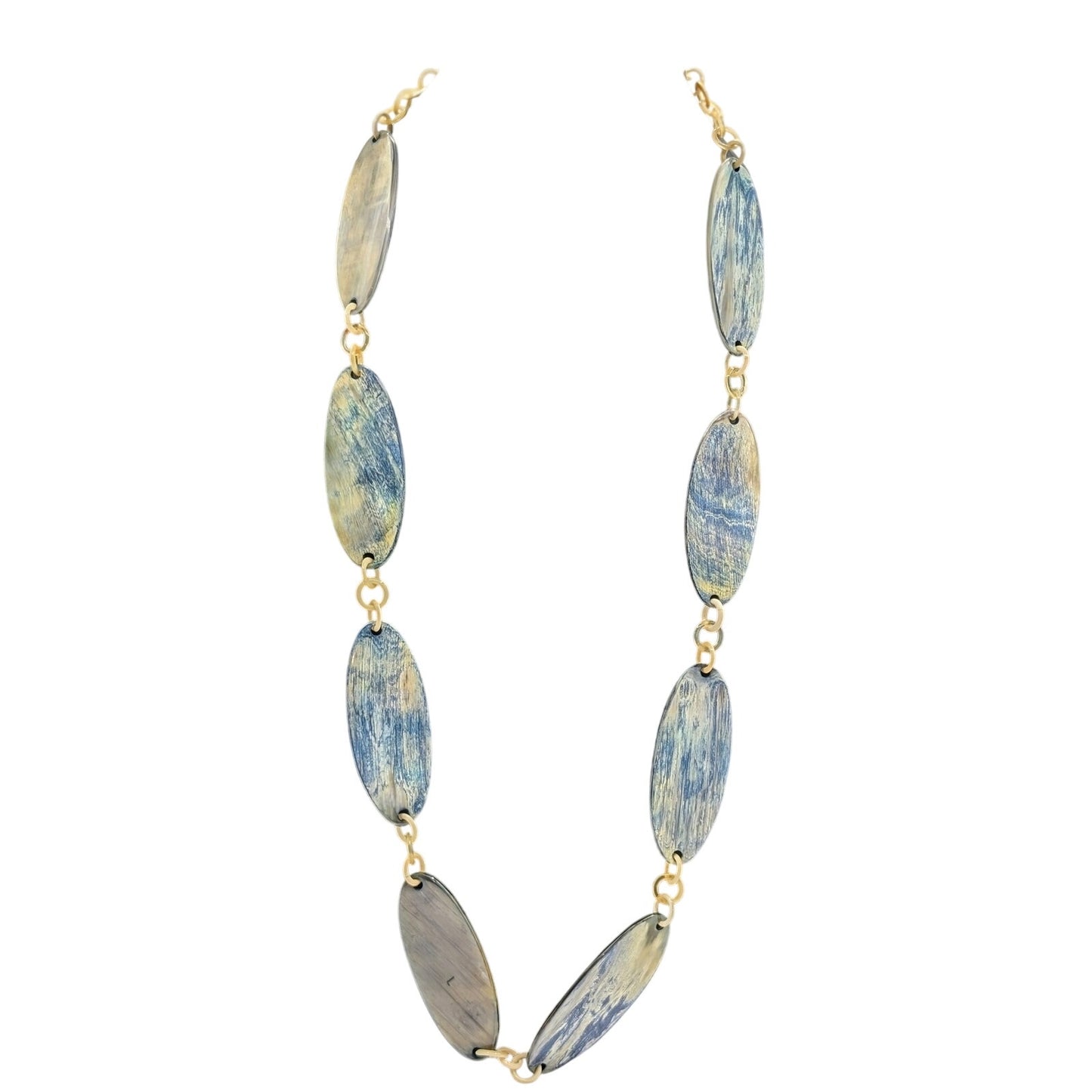 Artisan Created Boho Wood Look Lucite Oval Disk & Loopy Chain 32" Necklace