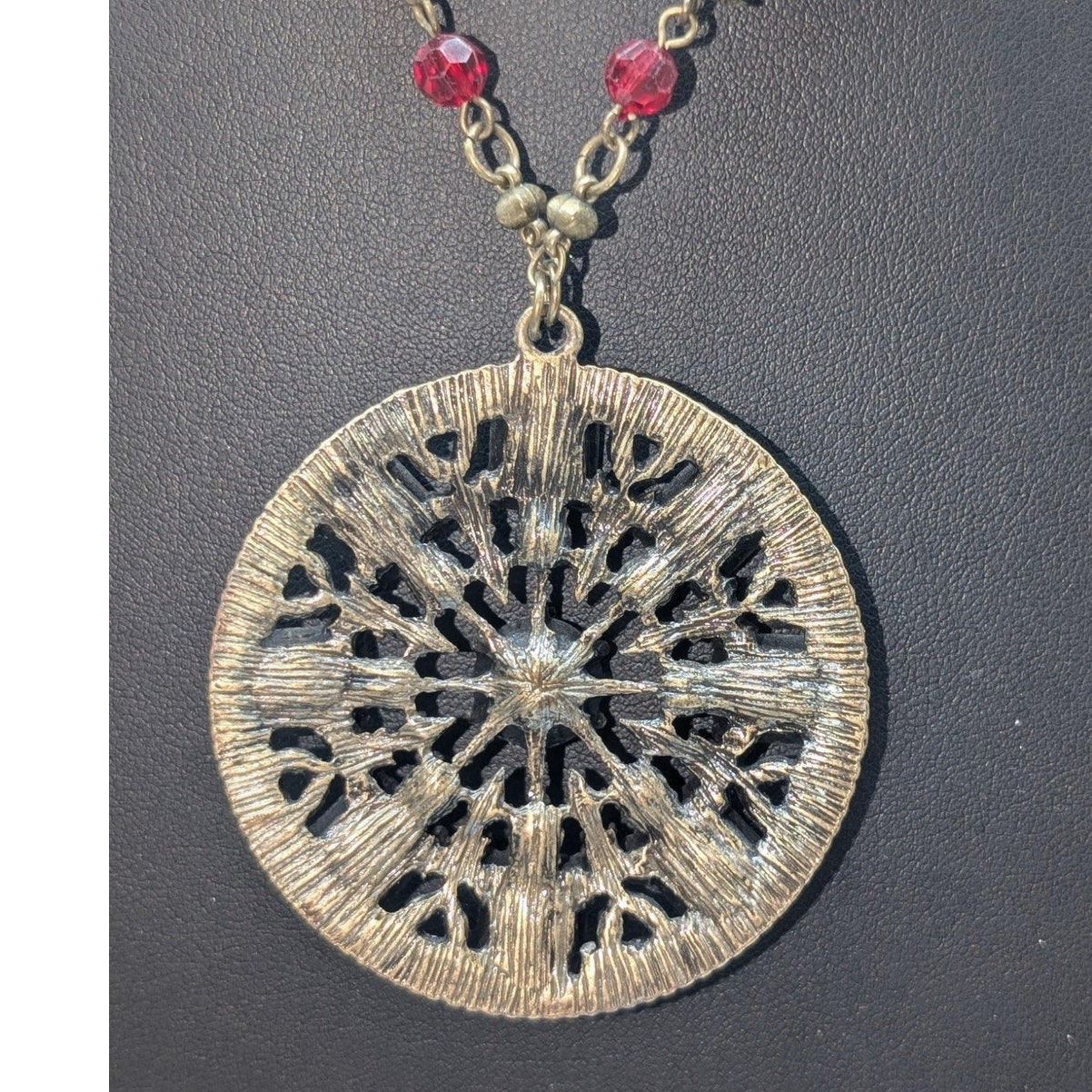 Antiqued Bronze Metal & Red Crystal Medallion Pendant Chain 16.5"-19" Necklace
