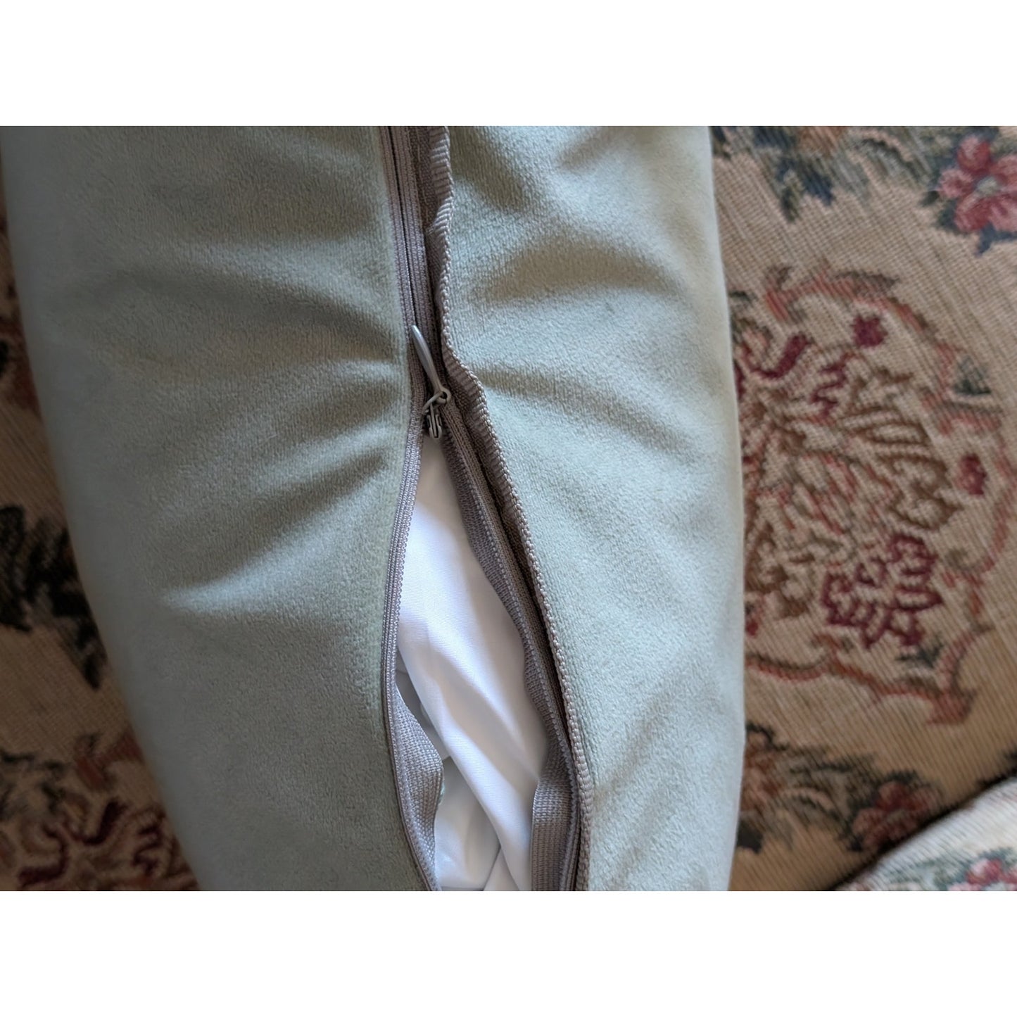 Lt Celadon Gray Trim Chamois Like Cloth Zippered Duck Feather Insert Pillow