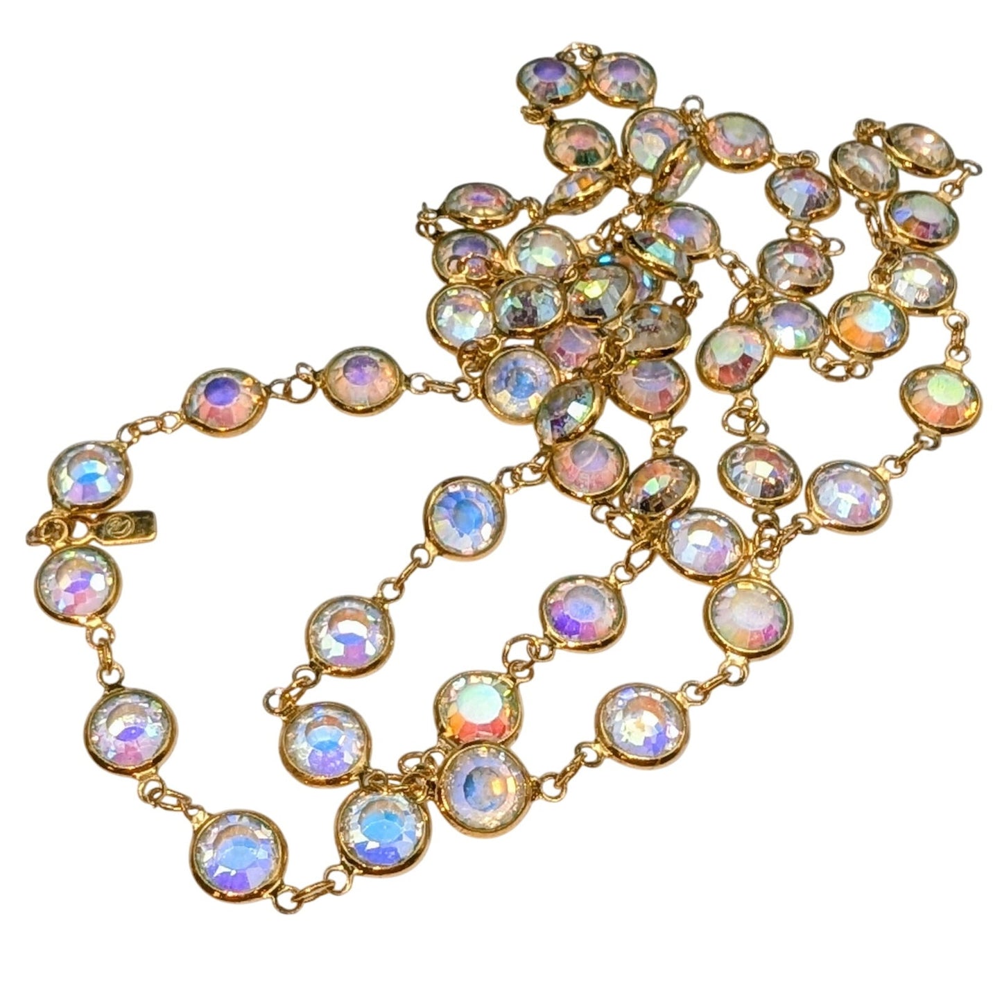 Vintage Swarovski Gold Tone Bezel Set AB Crystal Chain 34" Necklace