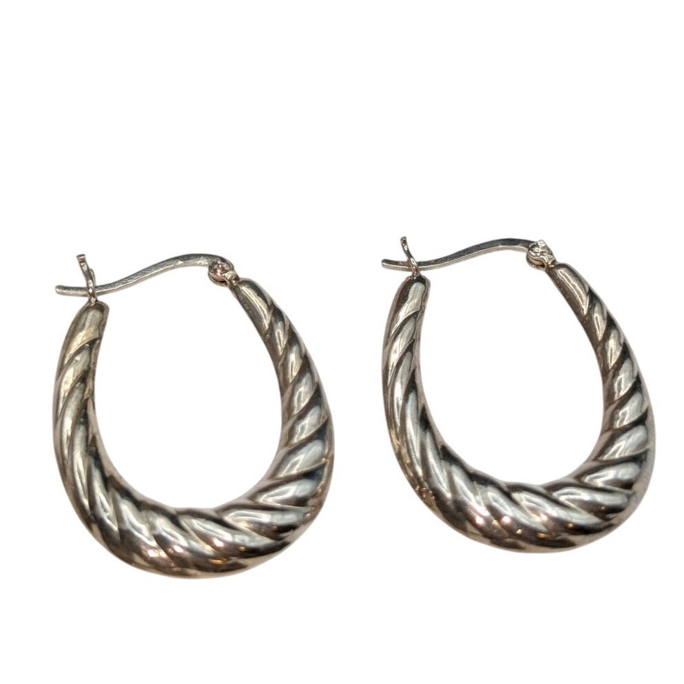 Vintage 925 Sterling Silver Oval Puff Shrimp Hoop Snap Down Latch Earrings