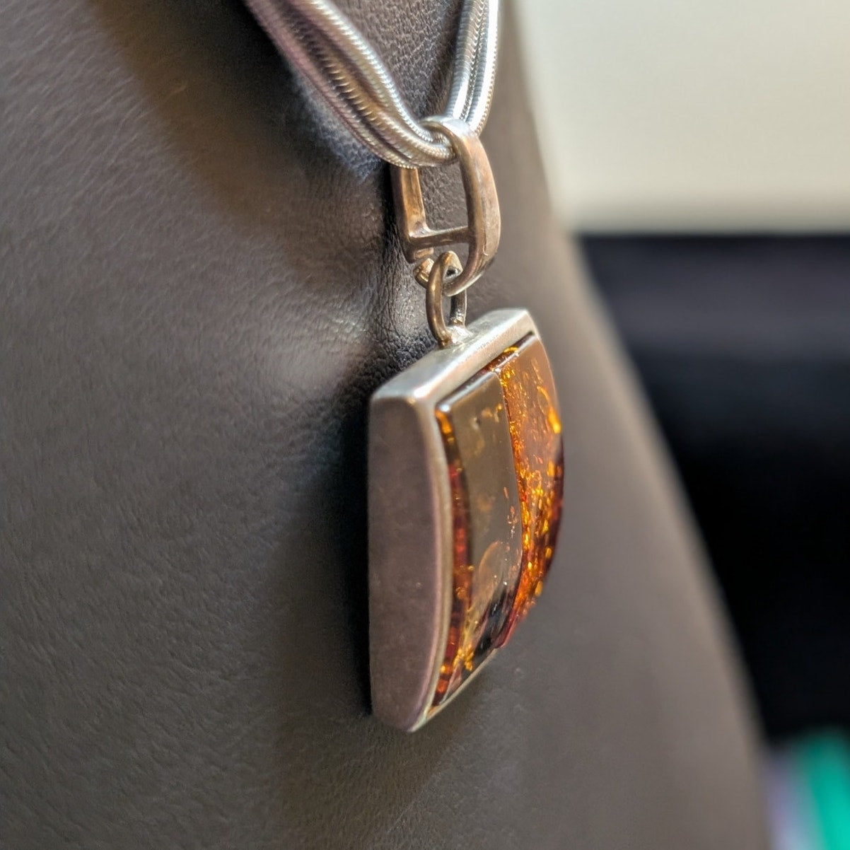 925 Italy Sterling Triple Snake Chain Two Color Amber Modernist Pendant Necklace