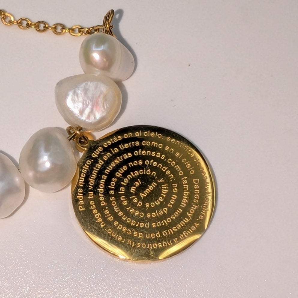 Gold Stainless Steel Pearl Double Strand Spanish 'Our Father' 17.5" Necklace