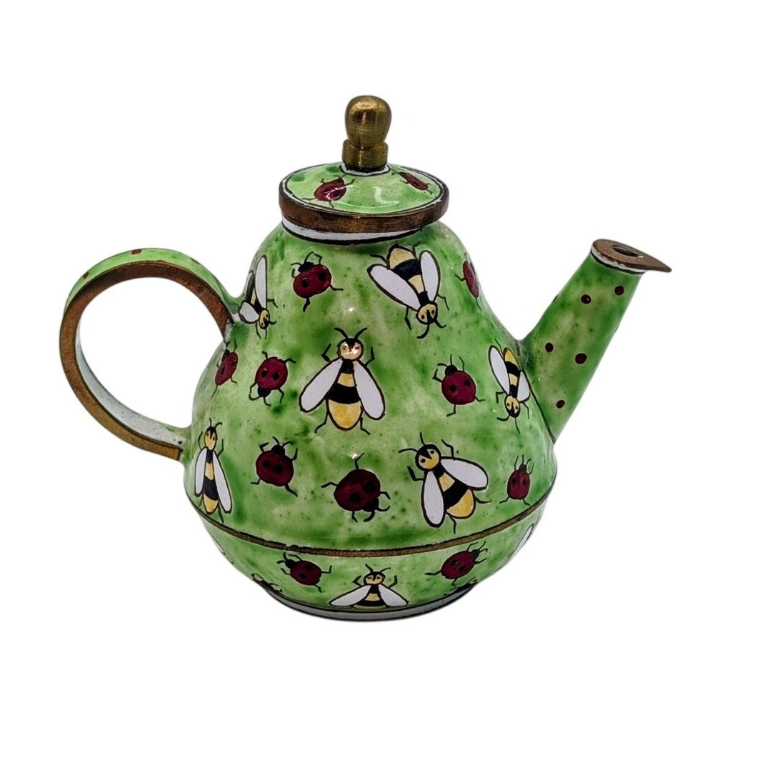 Kelvin Chen Vintage Hand Painted Green Enamel Copper Teapot Ladybugs & Bees