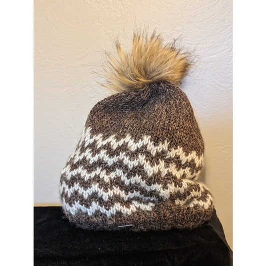 Pistil Brown/Cream ZigZag Print Knit Faux Fur Pom Pom Beanie