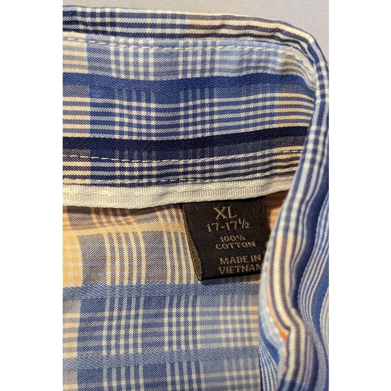 Tasso Elba Blue & Orange Plaid Button Up 100% Cotton Dress Shirt Mens Sz XL