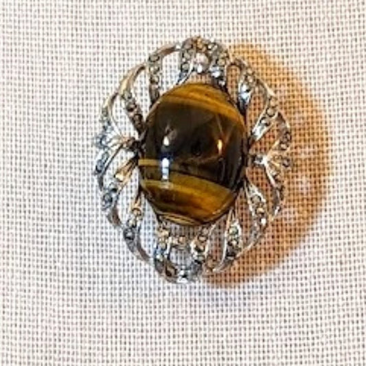 Vintage Tiger's Eye Marcasite Silver Tone Brooch