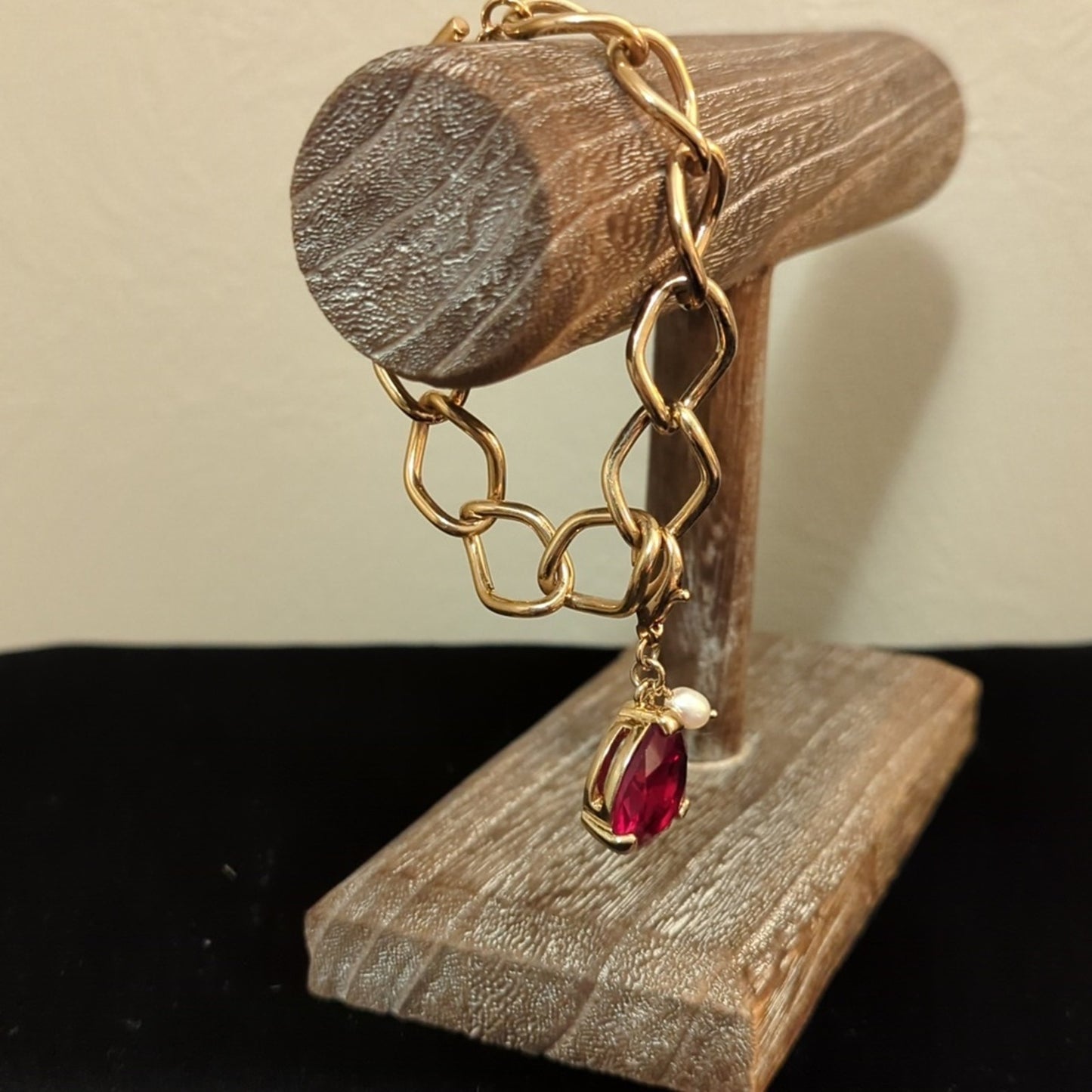 Monet Red Teardrop Crystal Charm Gold-Tone Chain Toggle Clasp Bracelet 6.5-6.75"
