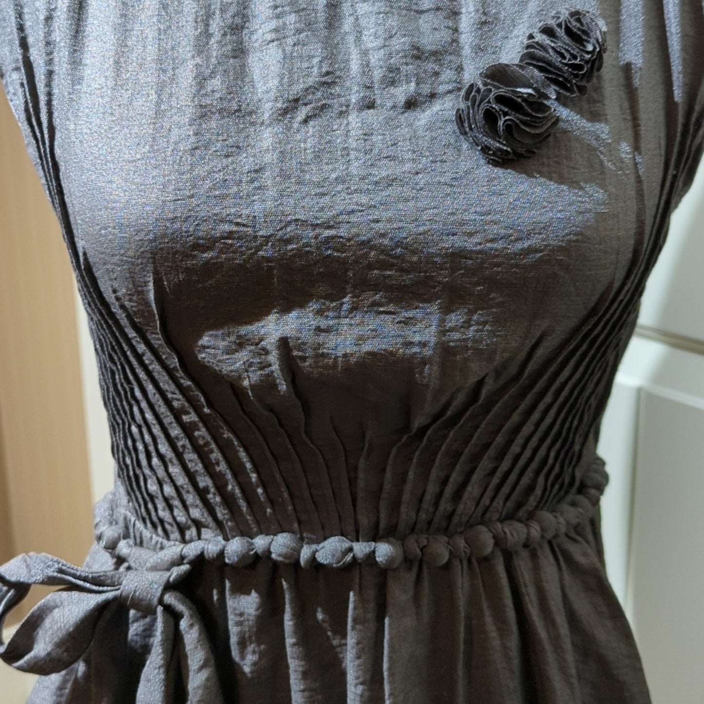 Ya Los Angeles Gray Rosette Braided Trim Side Zip Scoop Neck Dress Women's Sz S