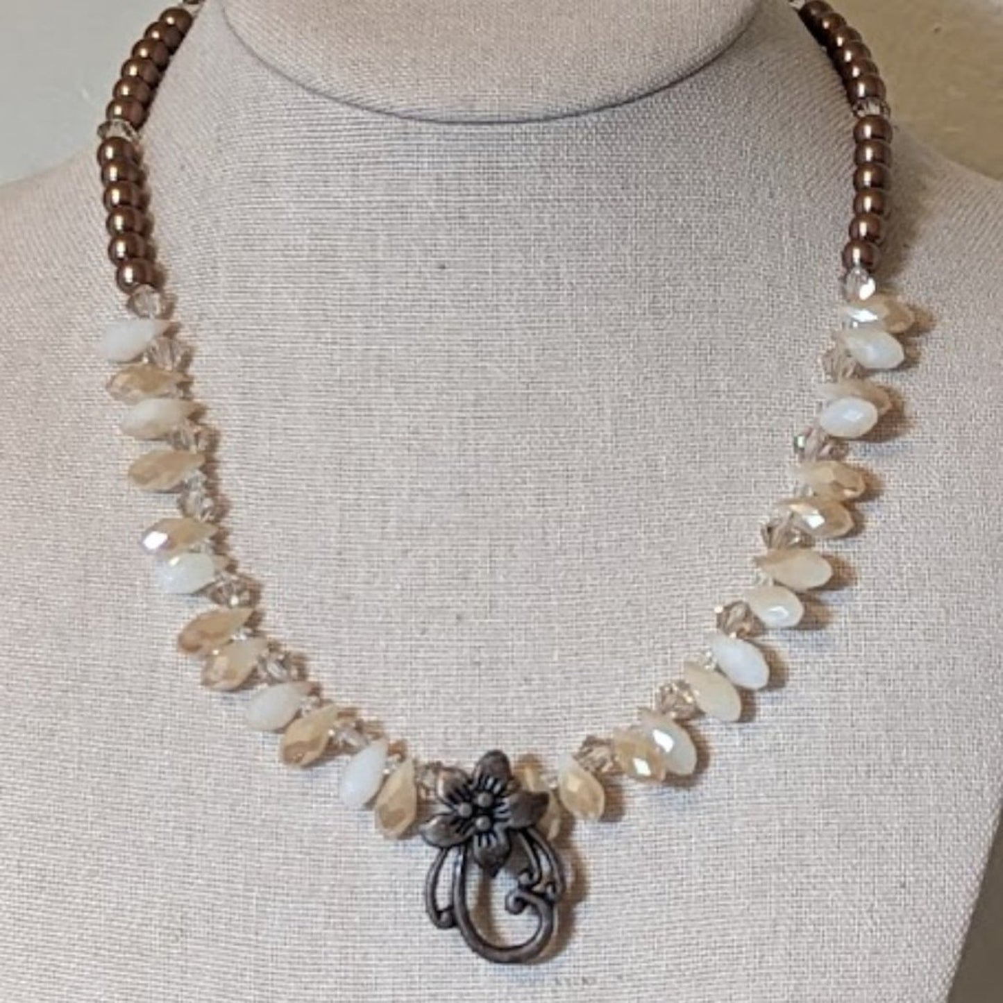 Bronze and Briolette Glass Bead Necklace with Flower Pendant and Toggle Clasp