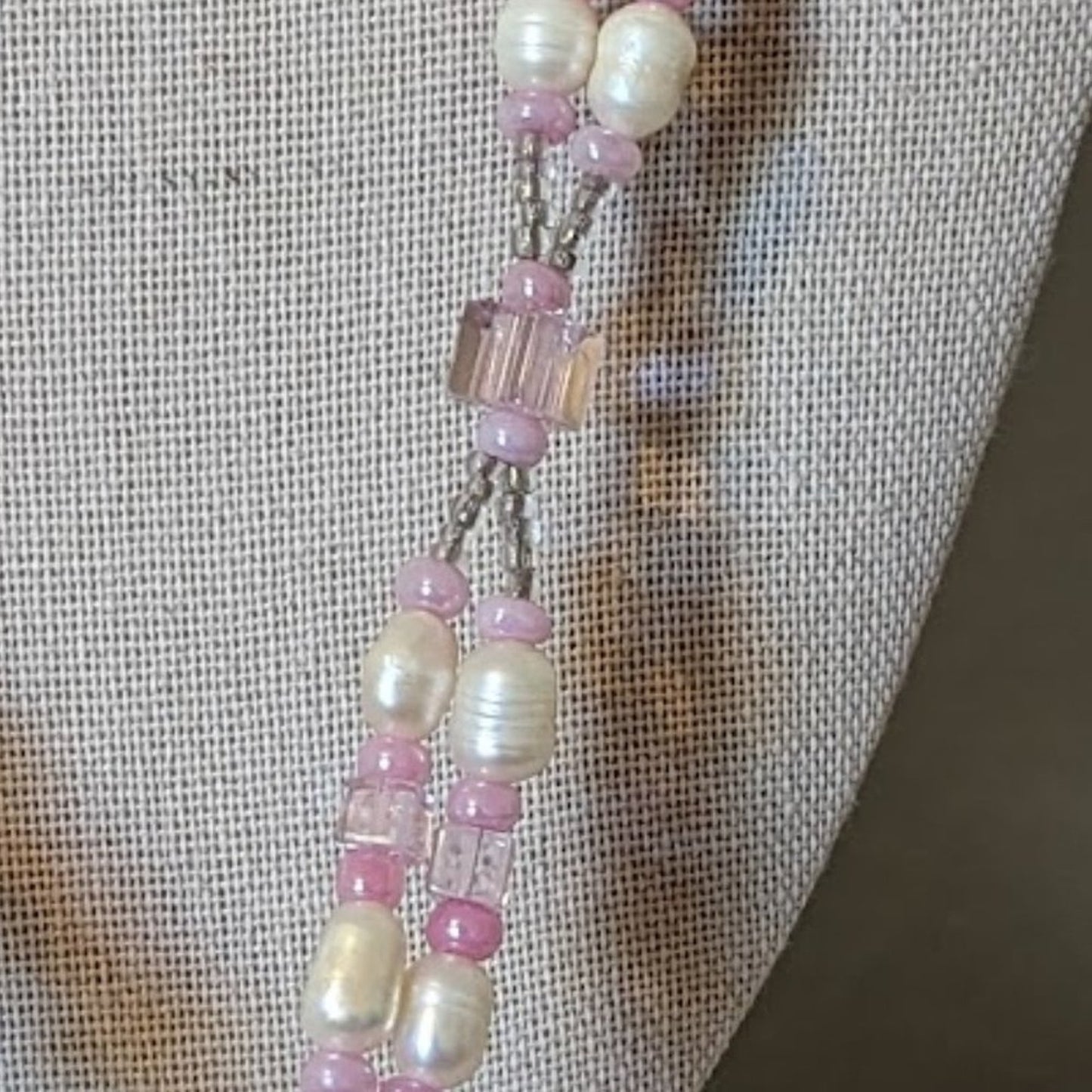 Pink Quartz, Potato Pearls, and Glass Bead Tassel Necklace